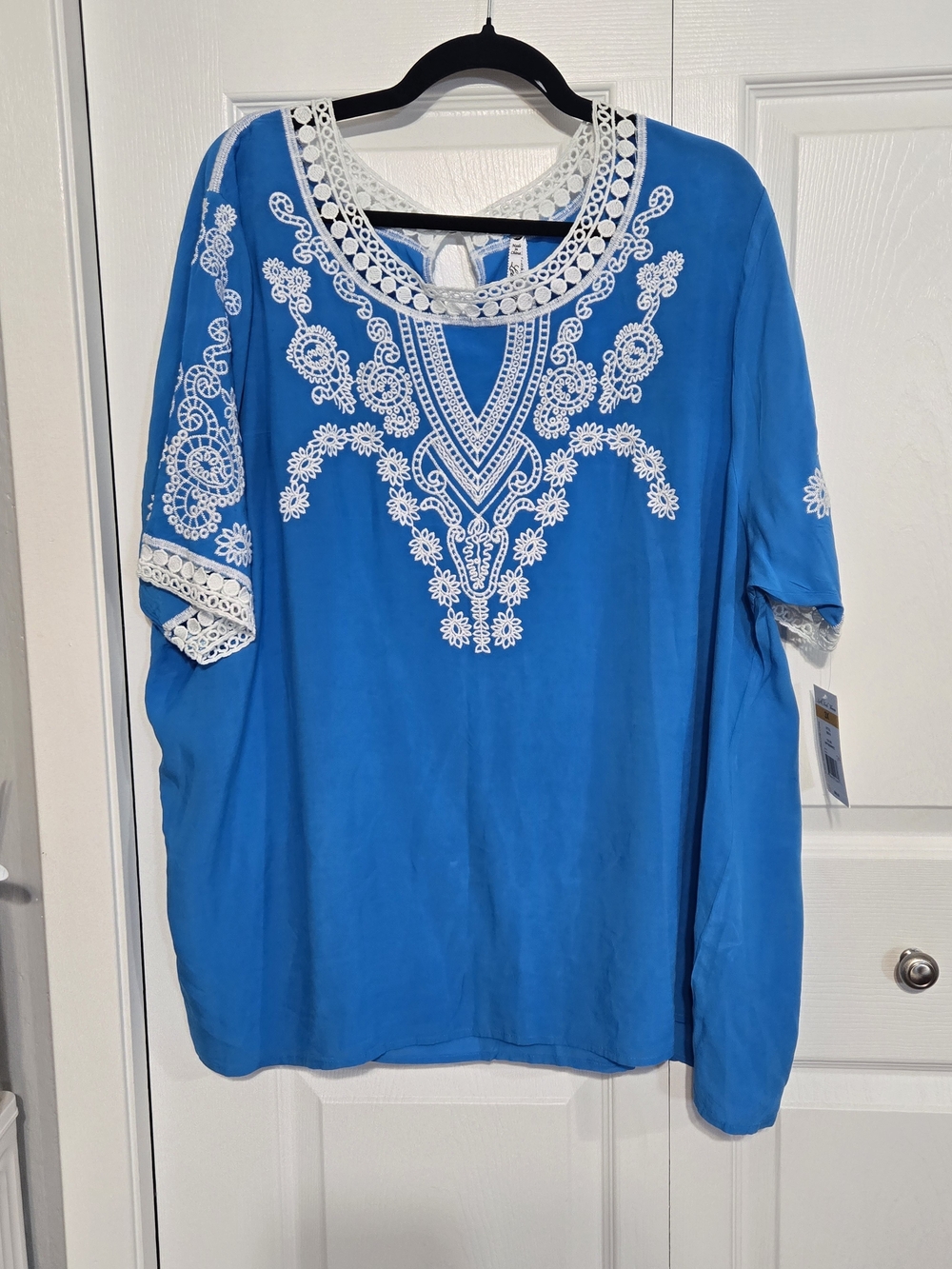 Leo & Nicole Blue Embroidered Top with White Lace